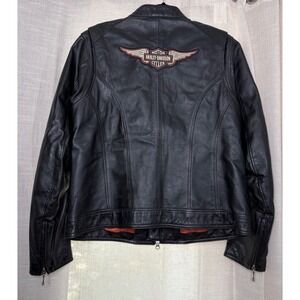 Vintage Harley-Davidson Leather Motorcycle Jacket Patch Black Wings Women's XL